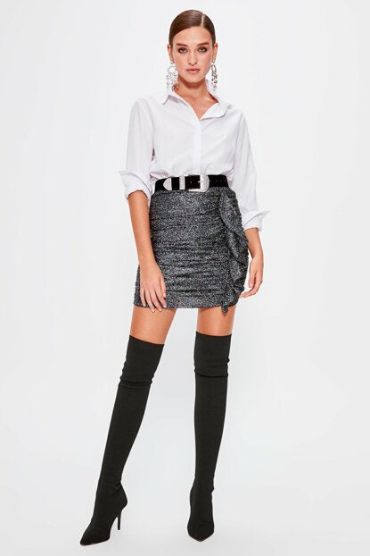 Women's Ruffle Glitter Grey Short Skirt