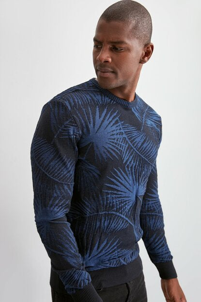 Men's Patterned Crew Neck Indigo Sweater
