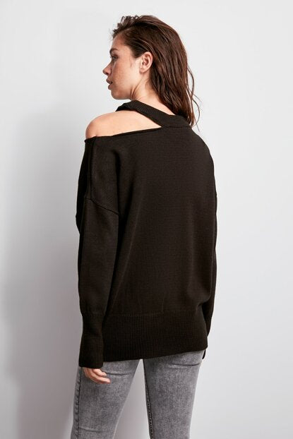 Women's Cut Out Detail Black Tricot Sweater
