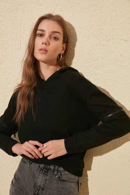 Women's Hooded Zipped Black Sweatshirt