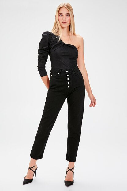 Women's Front Button High Waist Black Mom Jeans