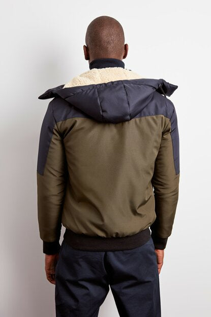 Men's Hooded Front Zipped Pocket Khaki Coat