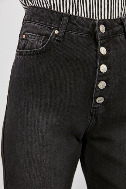Women's High Waist Button Anthracite Mom Jeans