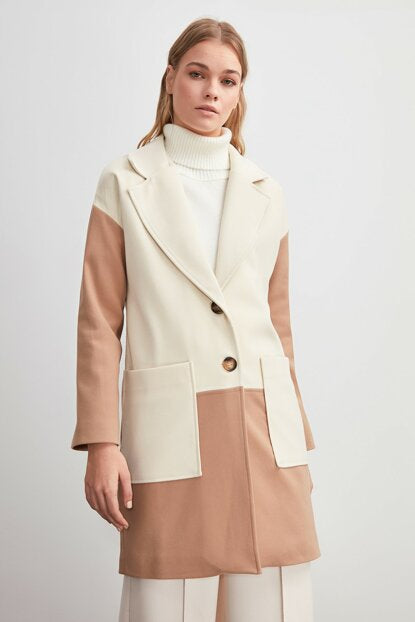 Women's Long Color Block Cream Cachet Coat