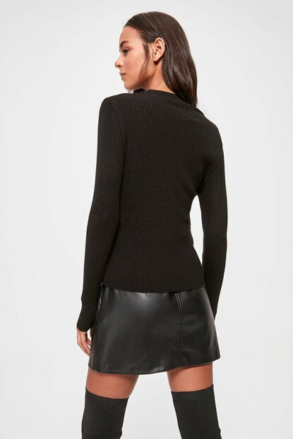 Women's Cut Out Detail Black Tricot Sweater