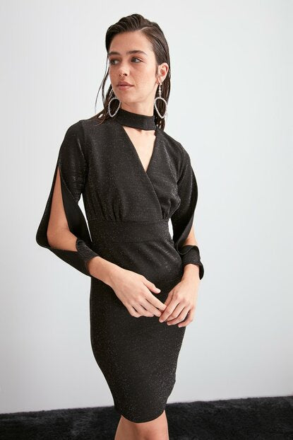 Women's Choker Collar Black Short Dress