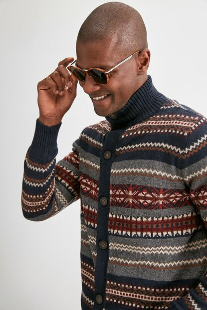 Men's Navy Blue Jacquard Cardigan