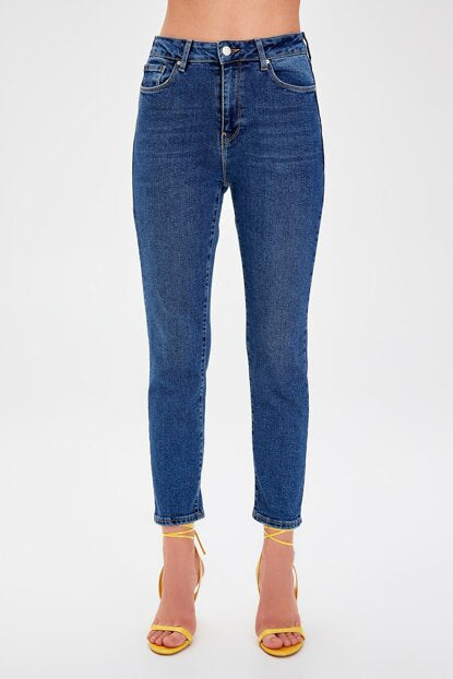 Women's High Waist Navy Blue Slim Fit Mom Jeans