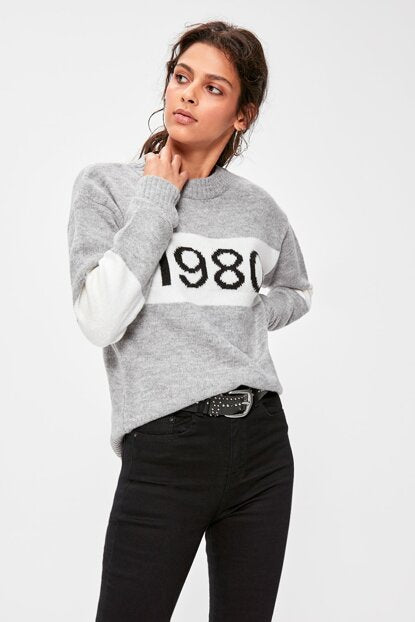 Women's Printed Grey Tricot Sweater