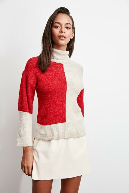 Women's Color Block Beige Tricot Sweater