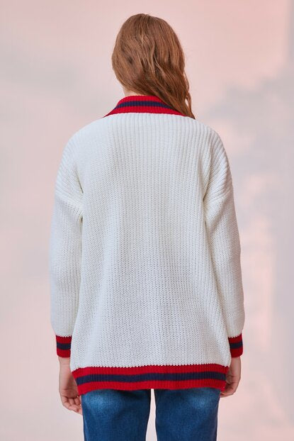 Women's Pocket Stripe Detail Ecru Tricot Cardigan