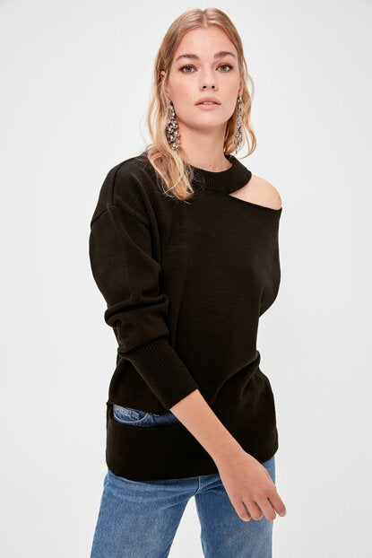 Women's Cut Out Detail Black Tricot Sweater