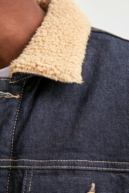 Men's Lined Artificial Wool Detail Navy Blue Denim Jacket