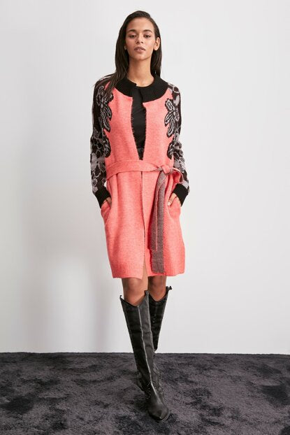 Women's Patterned Pink Tricot Cardigan