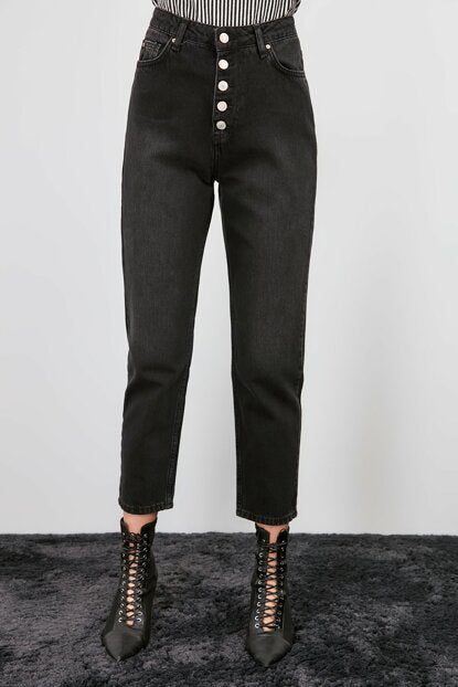 Women's High Waist Button Anthracite Mom Jeans
