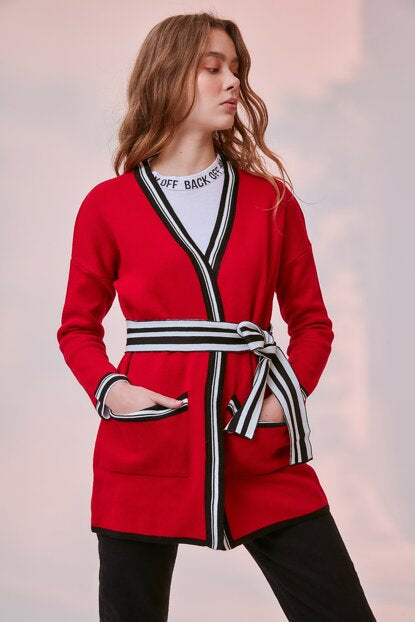 Women's Belted Red Tricot Cardigan