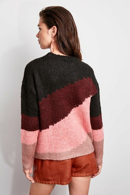 Women's Pink Color Block Tricot Sweater