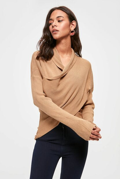 Women's Wrap Collar Camel Tricot Sweater