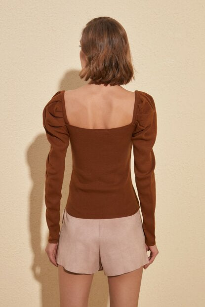 Women's Square Neck Brown Tricot Sweater