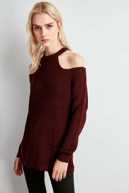 Women's Open Shoulders Claret Red Tricot Sweater