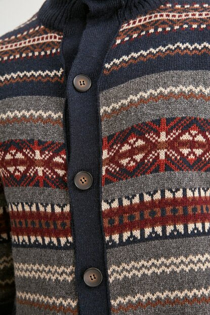 Men's Navy Blue Jacquard Cardigan