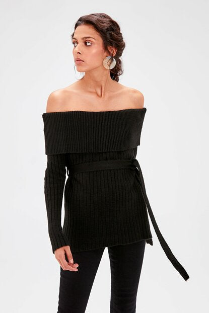 Women's Off Shoulders Belted Black Tricot Sweater