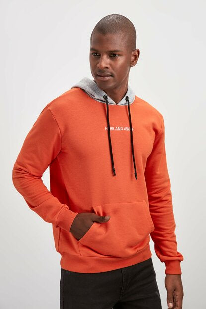 Men's Hooded Kangaroo Pocket Orange Sweatshirt