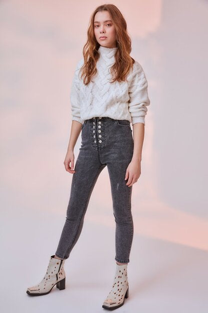 Women's Button Super High Waist Anthracite Skinny Jeans