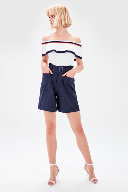 Women's Belted Navy Blue Shorts