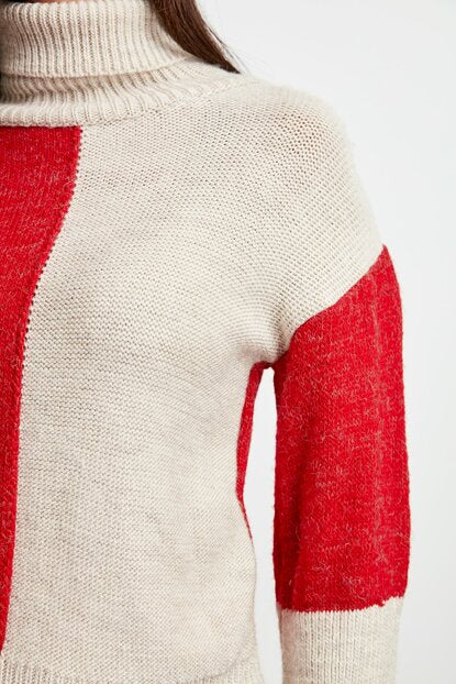Women's Color Block Beige Tricot Sweater