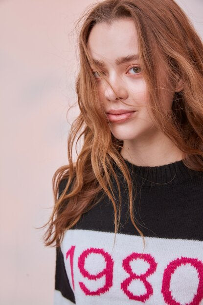 Women's Printed Black Tricot Sweater