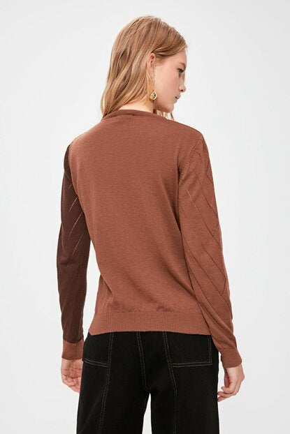 Women's Crew Neck Color Block Tricot Sweater