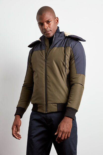 Men's Hooded Front Zipped Pocket Khaki Coat