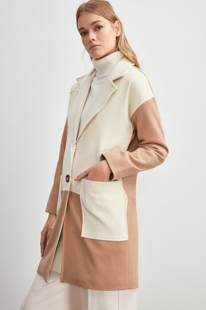 Women's Long Color Block Cream Cachet Coat