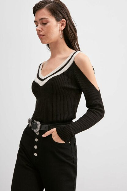 Women's Collar Detail Cut Out Shoulder Black Tricot Sweater
