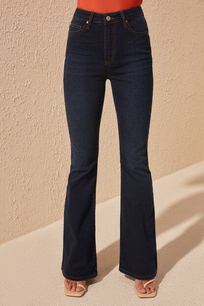 Women's High Waist Navy Blue Flare Jeans