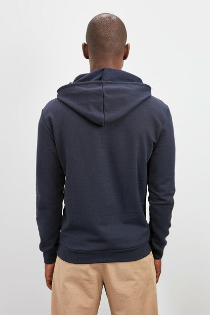 Men's Hooded Kangaroo Pocket Printed Navy Blue Sweatshirt