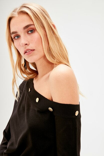 Women's Button Black Tricot Sweater