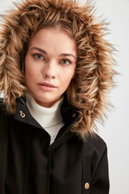 Women's Hooded Inner Furry Black Coat