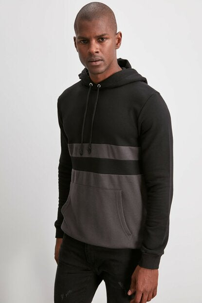 Men's Hooded Kangaroo Pocket Long Sleeves Black Sweatshirt