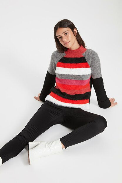 Women's Multi-color Striped Plush Detail Tricot Cardigan