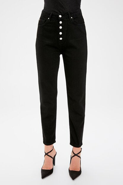 Women's Front Button High Waist Black Mom Jeans