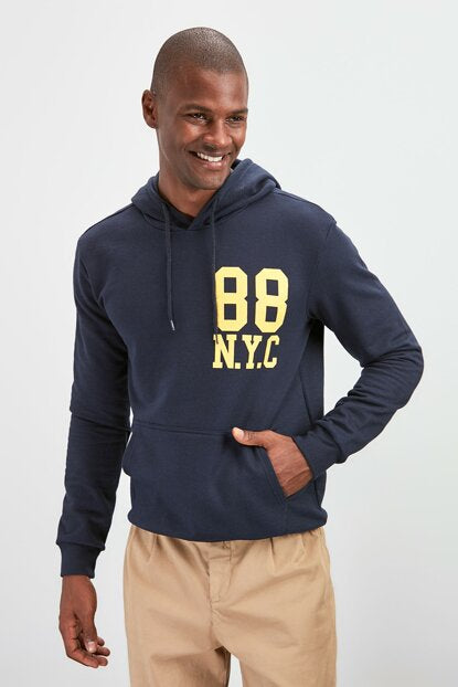 Men's Hooded Kangaroo Pocket Printed Navy Blue Sweatshirt