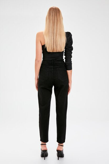 Women's Front Button High Waist Black Mom Jeans