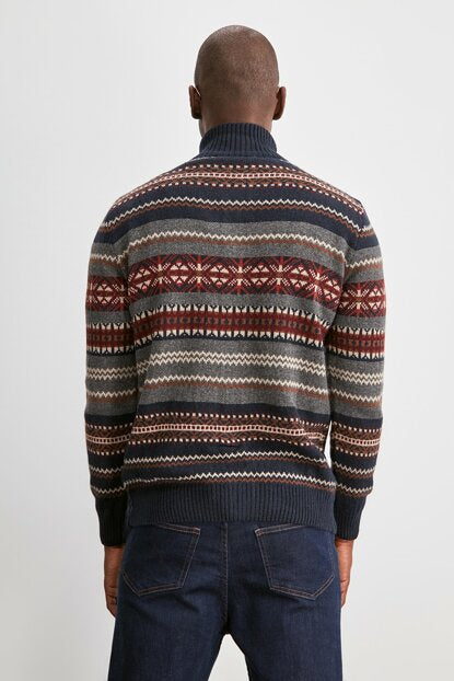 Men's Navy Blue Jacquard Cardigan