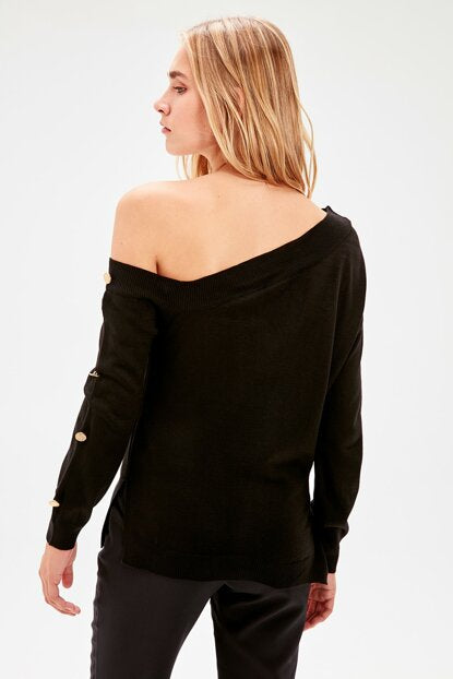 Women's Button Black Tricot Sweater