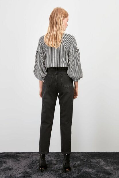 Women's High Waist Button Anthracite Mom Jeans