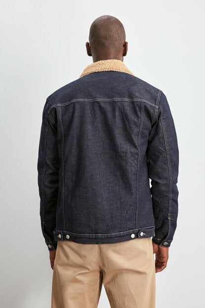 Men's Lined Artificial Wool Detail Navy Blue Denim Jacket