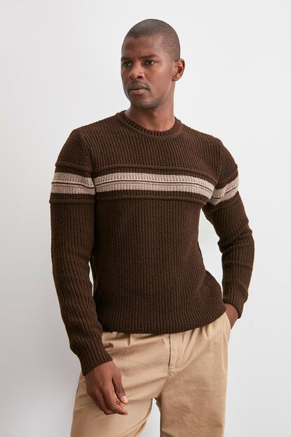 Men's Crew Neck Brown Rib Sweater
