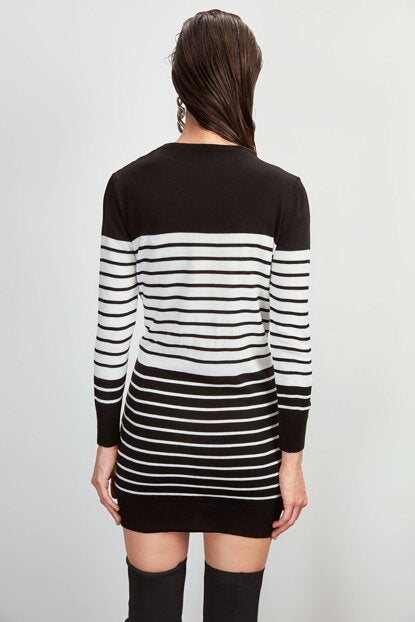 Women's Striped Long Black Tricot Sweater